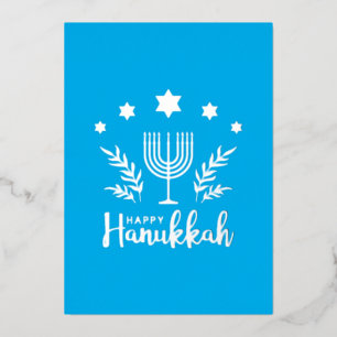 Happy Hanukkah Menorah Blue Foil Holiday Card