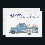 Happy Hanukkah Menorah Blue Vintage Truck Holiday Card<br><div class="desc">This design was created though digital art. It may be personalised in the area provided by changing the photo and/or text. Or it can be customised by choosing the click to customise further option and delete or change the colour the background, add text, change the text colour or style, or...</div>