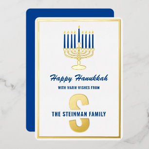 Happy Hanukkah Menorah Candle Family Name Monogram Foil Holiday Card