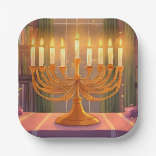 Happy Hanukkah Menorah Candles Oil Painting Paper Plate