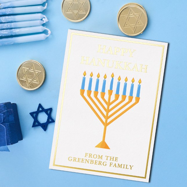 Happy Hanukkah Menorah Chic Custom Gold Foil Holiday Card (Creator Uploaded)