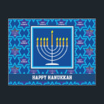 🕎 Happy Hanukkah, Menorah, customisable Postcard<br><div class="desc">Happy Hanukkah with Menorah on blue background. Fully customisable back.</div>