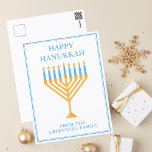 Happy Hanukkah Menorah Cute Personalised Postcard<br><div class="desc">Cute custom Happy Hanukkah postcard for a Jewish family or a Chanukah party with a synagogue. Personalise with your own last name or group information in blue under the pretty blue and gold menorah.</div>