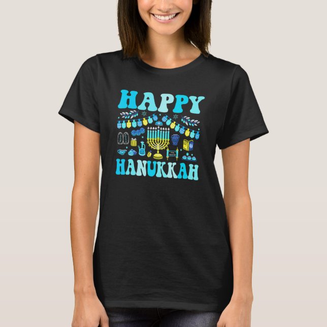 Happy Hanukkah Menorah Dreidel Book Latkes Pajamas T-Shirt (Front)