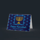 HAPPY HANUKKAH Menorah Dreidel Personalised Holiday Card<br><div class="desc">Stylish greeting card to celebrate HANUKKAH. Dark blue background with cyan blue dreidel pattern and typography. Placeholder text on cover and inside greeting are customisable,  so you can add your name and change the message. Part of the HANUKKAH Collection by Berean Designs.</div>
