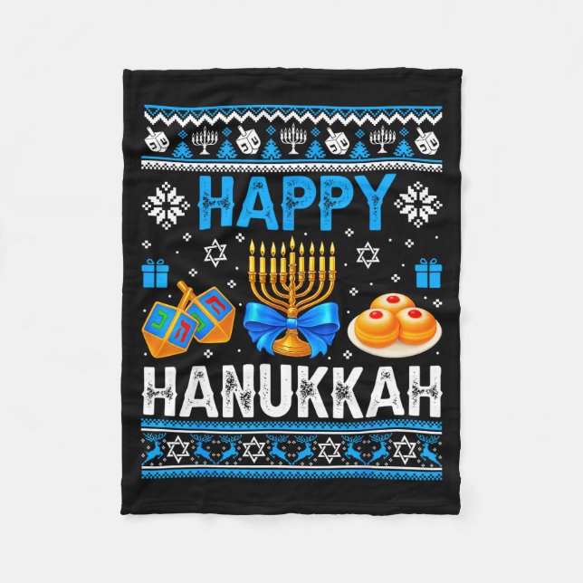 Happy Hanukkah Menorah Dreidel Ugly Chanukah Pajam Fleece Blanket (Front)