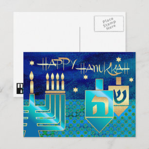 Happy Hanukkah. Menorah & Dreidels Holiday Postcard
