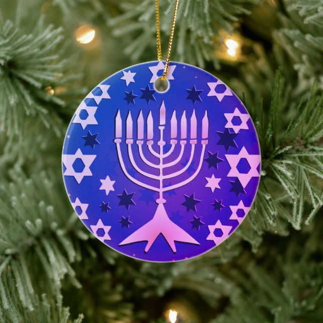 Happy Hanukkah Menorah Flat Ceramic Ornament (Tree)