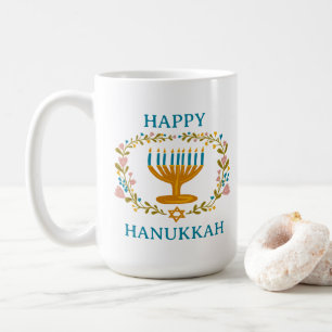 HAPPY HANUKKAH Menorah floral Jewish Holiday Coffee Mug