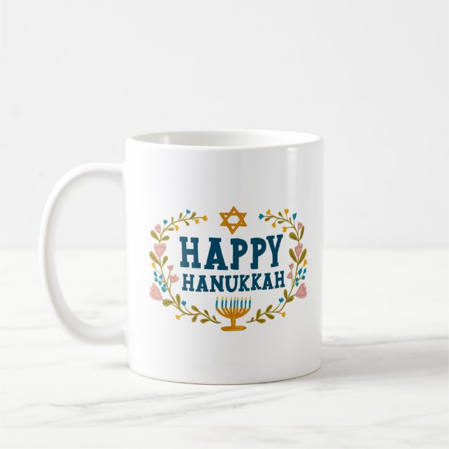HAPPY HANUKKAH Menorah floral Jewish Holiday Coffee Mug (Left)