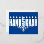 Happy Hanukkah Menorah Foil Holiday Postcard<br><div class="desc">.Celebrate eight days and eight nights of the Festival of Lights with Hanukkah cards and gifts. The festival of lights is here. Light the menorah, play with the dreidel and feast on latkes and sufganiyots. Celebrate the spirit of Hanukkah with friends, family and loved ones by wishing them Happy Hanukkah....</div>