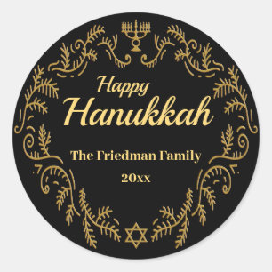 Happy Hanukkah Menorah Gold Festive Frame on Black Classic Round Sticker