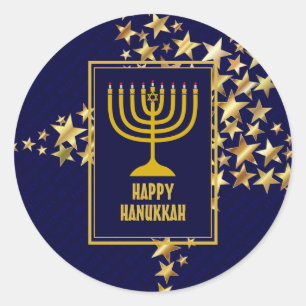 HAPPY HANUKKAH   Menorah   Gold Stars   NAVY BLUE Classic Round Sticker