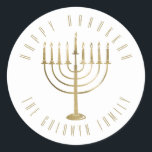 Happy Hanukkah Menorah Holiday Classic Round Sticker<br><div class="desc">This sticker features a gold coloured menorah. The message above it reads "Happy Hanukkah". Below the menorah is a place for your family name which you may personalise or remove if you'd like.</div>