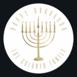 Happy Hanukkah Menorah Holiday Classic Round Sticker<br><div class="desc">This sticker features a gold coloured menorah. The message above it reads "Happy Hanukkah". Below the menorah is a place for your family name which you may personalise or remove if you'd like.</div>