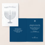 Happy Hanukkah Menorah Holiday Real Silver Foil Card<br><div class="desc">This card's text is fully customisable.  The design features the 9 branch menorah of Hanukkah on a damask pattern.  Send best wishes for Hanukkah to friends and family!  Happy Hanukkah!</div>