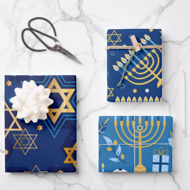 Happy Hanukkah Menorah Jewish Star Candles Wrapping Paper Sheet (Front)