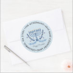 Happy Hanukkah | Menorah Lights Return Address Classic Round Sticker<br><div class="desc">Celebrate the Festival of Lights this year with unique personalised Hanukkah return address stickers. Add your custom wording to this design by using the "Edit this design template" boxes on the right hand side of the item, or click the blue "Customise it" button to arrange the text, change the fonts...</div>