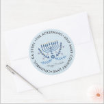 Happy Hanukkah | Menorah Lights Return Address Classic Round Sticker<br><div class="desc">Celebrate the Festival of Lights this year with unique personalised Hanukkah return address stickers. Add your custom wording to this design by using the "Edit this design template" boxes on the right hand side of the item, or click the blue "Customise it" button to arrange the text, change the fonts...</div>