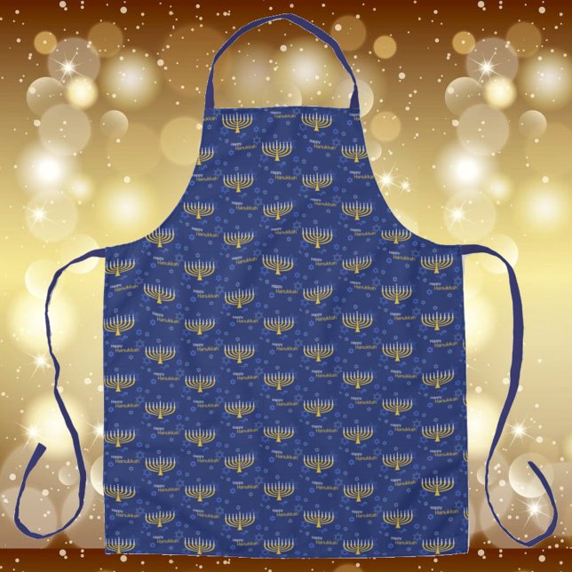 Happy Hanukkah Menorah Pattern Blue & Gold Apron (Creator Uploaded)