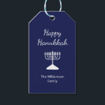 Happy Hanukkah Menorah Simple Blue  Gift Tags<br><div class="desc">Happy Hanukkah Blue Holiday gift tag,  with a simple white menorah and script typography design. With white customisable lettering,  you can add your own information. A festive way to send special gifts this holiday season.</div>