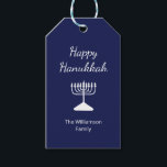 Happy Hanukkah Menorah Simple Blue Gift Tags<br><div class="desc">Happy Hanukkah Blue Holiday gift tag, with a simple white menorah and script typography design. With white customisable lettering, you can add your own information. A festive way to send special gifts this holiday season.</div>