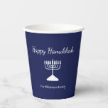 Happy Hanukkah Menorah Simple Blue  Paper Cups<br><div class="desc">Happy Hanukkah Blue Holiday paper cup,  with a simple white menorah and script typography design. With white customisable lettering,  you can add your own information. A festive way to celebrate with friends and loved ones.</div>