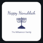 Happy Hanukkah Menorah Simple  Square Sticker<br><div class="desc">Happy Hanukkah Blue Holiday sticker,  with a simple blue menorah and script typography design. With blue customisable lettering,  you can add your own information. A festive way to celebrate with friends and loved ones.</div>