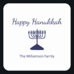 Happy Hanukkah Menorah Simple  Square Sticker<br><div class="desc">Happy Hanukkah Blue Holiday sticker,  with a simple blue menorah and script typography design. With blue customisable lettering,  you can add your own information. A festive way to celebrate with friends and loved ones.</div>