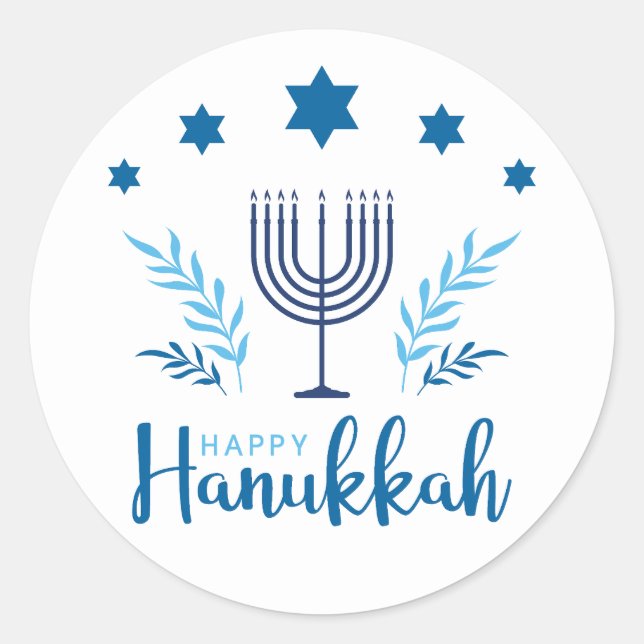 Happy Hanukkah Menorah Stars Classic Round Sticker (Front)