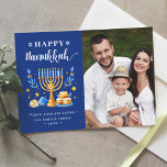 Happy Hanukkah Menorah Sufganiyah Dreidel Photo Holiday Card<br><div class="desc">Send your Wishes with this Holiday Photo card that feature a Stunning Hanukkah Script and Jewish Holiday Symbols to highlight your greeting message.</div>