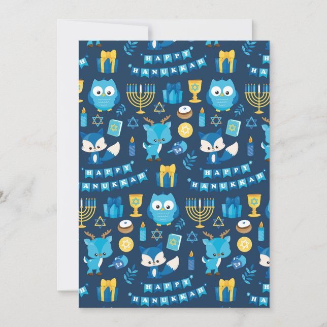 Happy Hanukkah Menorah Sufganiyot Cute Owl Blue Holiday Card (Front)
