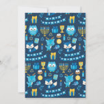 Happy Hanukkah Menorah Sufganiyot Cute Owl Blue Holiday Card<br><div class="desc">Celebrate the Festival of Lights with our Hanukkah greeting card! This card is a joyful blend of Hanukkah symbols, featuring the dreidel, menorah, sufganiyot, a cute owl, gift, Star of David, candles, and adorable foxes. It's not just a card; it's a warm embrace, a wish for eight days of festivity,...</div>