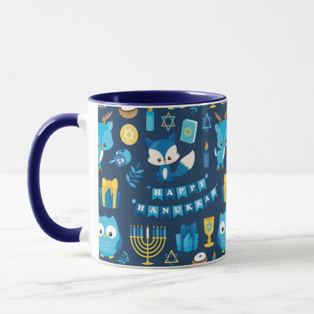 Happy Hanukkah Menorah Sufganiyot Cute Owl Blue Mug (Left)