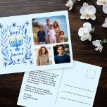 Happy Hanukkah Menorah Watercolor CUSTOM 3 Photos Holiday Postcard<br><div class="desc">Sweet drawing to wish someone happy hanukkah! Click "personalise" to add your own photos to the front and text to the back side. Also available as greeting card or digital download to send instantly via email or text message. Check my shop for more or let me know if you'd like...</div>