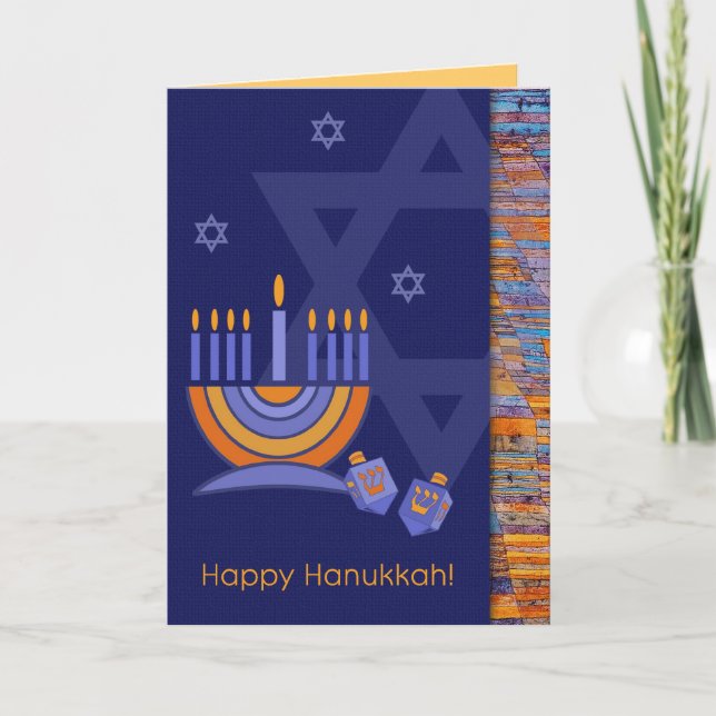 Happy Hanukkah. Menorah with Dreidels Holiday Card (Front)