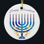 Happy Hanukkah menorah yellow gold candles Ceramic Ornament<br><div class="desc">hand designed Happy Hanukkah blue and yellow Menorah ornament. Customise the message.</div>