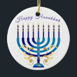 Happy Hanukkah menorah yellow gold candles Ceramic Ornament<br><div class="desc">hand designed Happy Hanukkah blue and yellow Menorah ornament. Customise the message.</div>