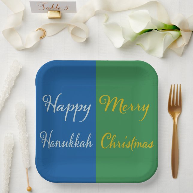 Happy Hanukkah Merry Christmas Dual Holiday Design Paper Plate (Wedding)