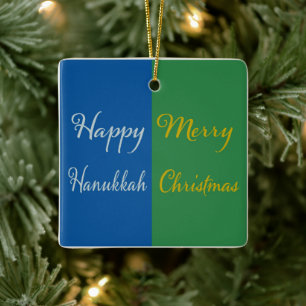 Happy Hanukkah Merry Christmas green blue slvr gld Ceramic Ornament