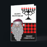 Happy Hanukkah & Merry Christmas Holiday Card<br><div class="desc">Happy Hanukkah & Merry Christmas Holiday Card features red buffalo plaid background  Menorah & a cute Santa face.The inside of the card has a personal message template.A perfect greeting card for Hanukkah & Christmas. Please click on personalise button to customise it with your own text.</div>