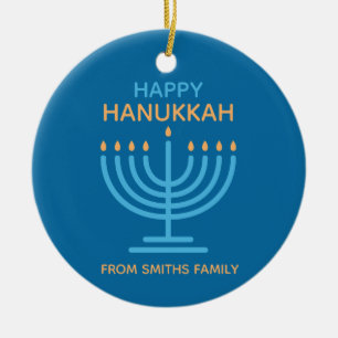 Happy Hanukkah Minimalist Blue Family Photo Ceramic Ornament