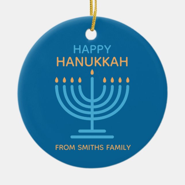 Happy Hanukkah Minimalist Blue Family Photo Ceramic Ornament (Front)