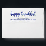 Happy Hanukkah Modern Blue Holiday Return Address Envelope<br><div class="desc">Modern holiday envelope featuring a simple yet elegant design with "Happy Hanukkah" in bold navy blue typography over white. Below is your return address. These custom envelopes are a great way to add a personal touch to your Hanukkah cards and make preparing them for the mail faster and easier. Coordinating...</div>