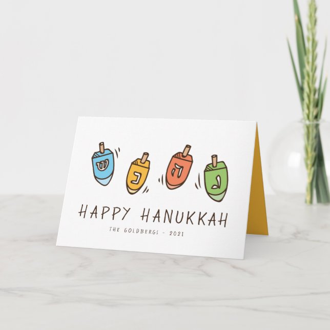 Happy Hanukkah Modern Dreidel Holiday Card (Front)