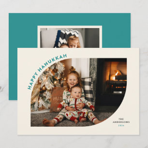 Happy Hanukkah Modern Frame Teal Letters Holiday Card