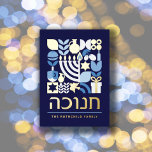 Happy Hanukkah Modern Greeting Gold Foil Holiday Card<br><div class="desc">Hanukkah / Chanukah Blue White and elegant real Gold Foil. Modern Geometric Pattern Card with Menorah, Dreidel, Doughnuts, Stars & Olive oil... Hebrew & Jewish Hanukkah Symbols Space to add your personalised text on the front & reverse. Happy Hanukkah wishes. Hebrew on the front says "Chanukah". This upscale, beautiful, look,...</div>