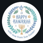 HAPPY HANUKKAH Modern Hand-Drawn Custom Whimsical  Classic Round Sticker<br><div class="desc">Perfect sticker for a Jewish celebration! Hand made art for you. FULLY CUSTOMIZABLE! Click "personalise" to change the text and "edit using design tool" to add text and adjust the colours and placements. THANK YOU FOR SUPPORTING INDEPENDENT ARTISTS! All artwork and designs are created by me. I love to draw...</div>