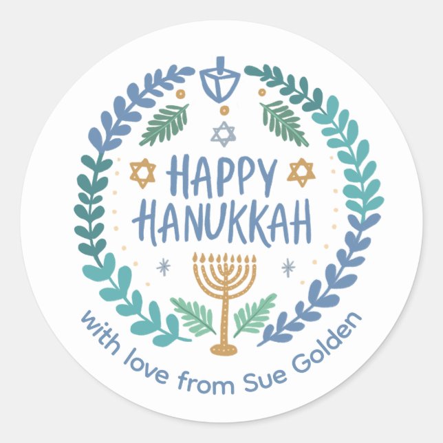 HAPPY HANUKKAH Modern Hand-Drawn Custom Whimsical  Classic Round Sticker (Front)