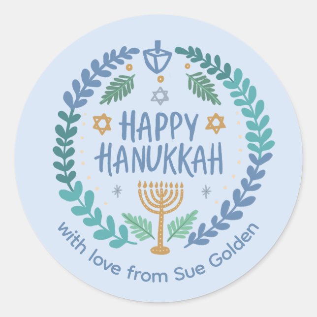 HAPPY HANUKKAH Modern Hand-Drawn Custom Whimsical  Classic Round Sticker (Front)